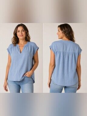 Splendid XL Light Blue Linen Blend Split Neck Cap Sleeve Blouse Top
